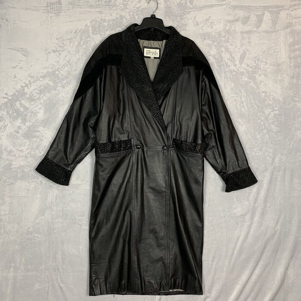 Vintage Pelle Studio Leather Long Trench Coat Womens Large Fully Lined Animal